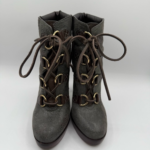 Tory Burch Lawson Bootie Pewter Brown Leather Platform Stiletto Ankle Boots 8.5 - Picture 15 of 17